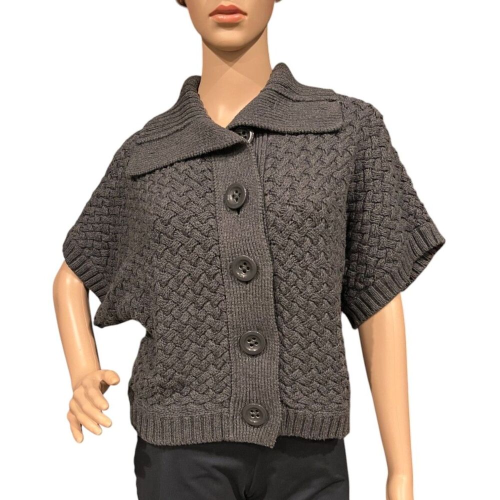 ANNE KLEIN Gray Sweater Button Up Cropped 100% Cotton Sz M